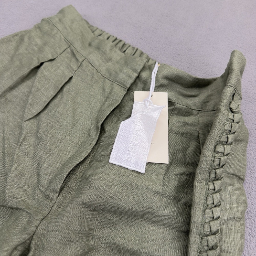 Magaschoni 100% Linen Wide Pants Size XS Olive Green Braided Pleated NWT $158